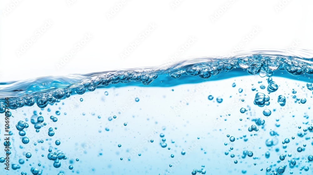 Aufkleber pure blue water surface with bubbles creating a refreshing wave on white background