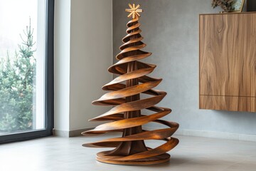 Aluminum Christmas tree decor with modern design and festive elements, featuring elegant metallic textures and cozy winter ambiance