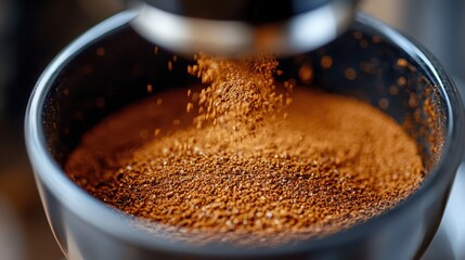 Ground coffee beans pour into a bowl during a morning coffee preparation session