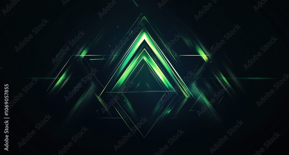 Poster Dark background with a green triangle in the center. The triangle is surrounded by other triangles, creating a sense of depth and movement. Scene is dynamic and energetic