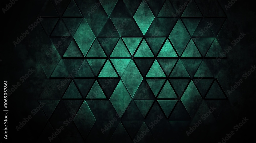 Poster dark green background with many triangles. the triangles are all different sizes and are arranged in