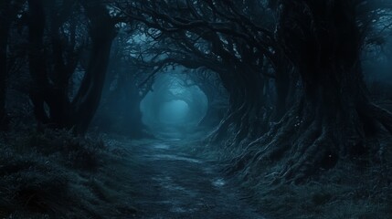 A misty, eerie forest path surrounded by twisted tree, evoking a sense of mystery and solitude.