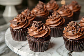 Chocolate cupcakes with rich ganache, chocolate shavings, and cocoa powder on marble platter
