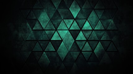 Dark green background with many triangles. The triangles are all different sizes and are arranged in a way that creates a sense of movement and depth. Scene is one of energy and excitement