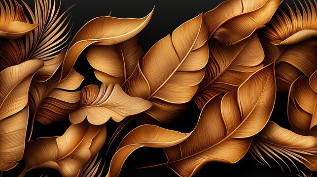 Gold leafy design with a black background. The leaves are arranged in a way that they look like they are growing out of the black background. The design is very intricate and detailed
