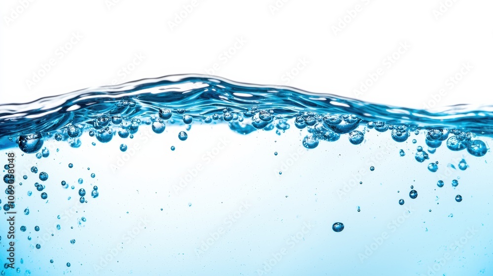 Poster blue water surface with bubbles creating a refreshing wave effect