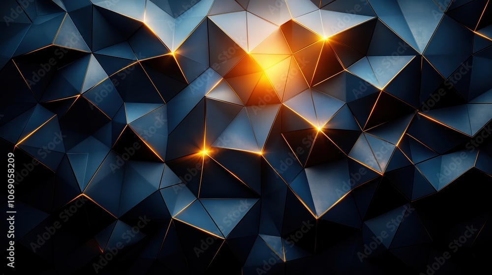 Poster blue and orange abstract design with triangles and squares. the blue and orange colors create a sens