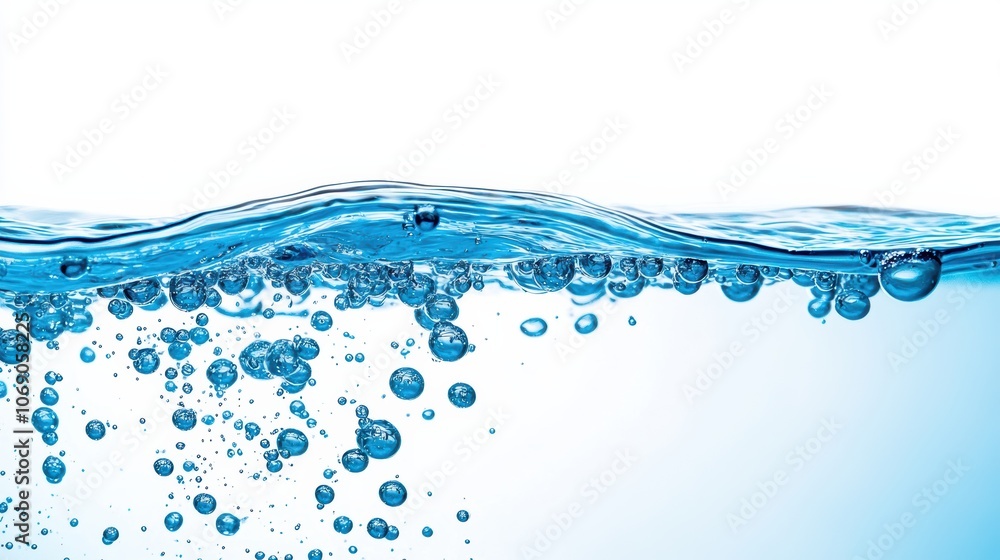 Poster Blue water surface with bubbles creating a refreshing wave on white background