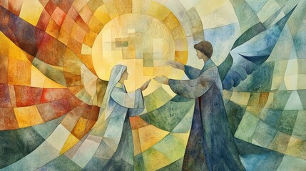 Modern Annunciation depiction with Gabriel and Mary, watercolor style blending tradition with abstract forms for a fresh, symbolic look