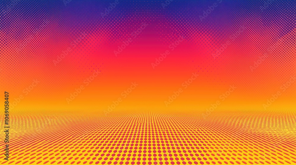 Poster colorful background with a lot of dots, the background is a gradient of orange and blue. the dots ar