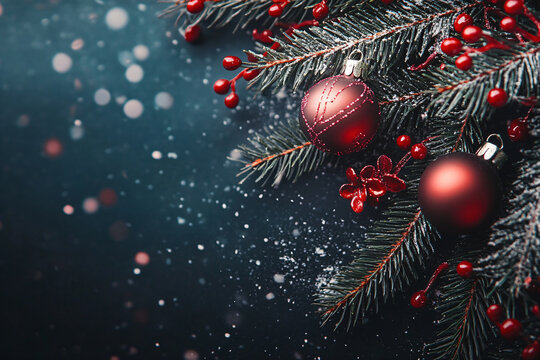 Red balls decoration and green Christmas tree on dark blue snowy snine background. Winter template, border concept for Christmas, New Year and sale season. Web card and backdrop with space for text