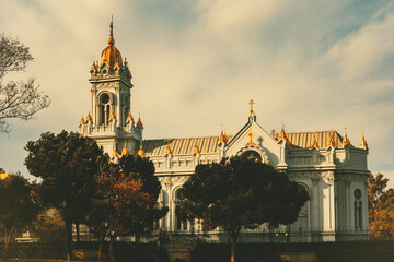 Orthodox Church of St. Stephen in Istanbul, old photo style. Golden domes and ornate architecture,...