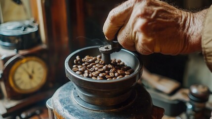 Fototapeta premium Grinding fresh coffee beans in a rustic kitchen with vintage decor at sunrise