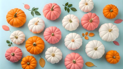 Colorful Pumpkins on Blue Background, Orange, White, and Pink Fall Pumpkins