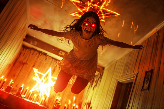 Possessed levitating evil girl, demonic, exorcism, horror, Halloween
