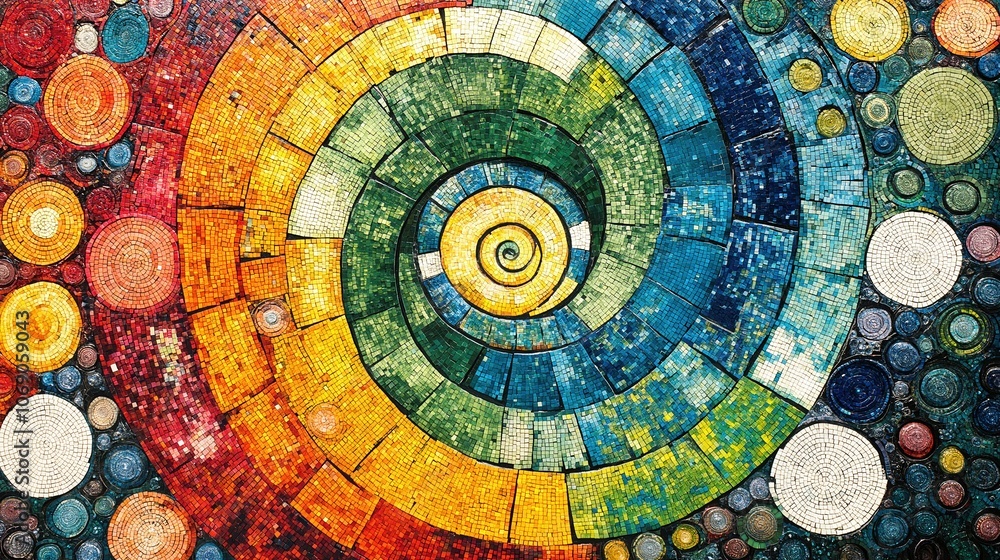 Poster colorful spiral with many different colors and shapes. the spiral is made up of many small circles a