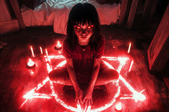Possessed evil girl sitting in pentagram, demonic, exorcism, horror, Halloween
