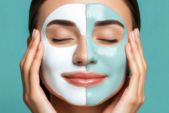 Simple line drawing of a face mask divided into sections for acne treatment and anti-aging, showing dual skincare