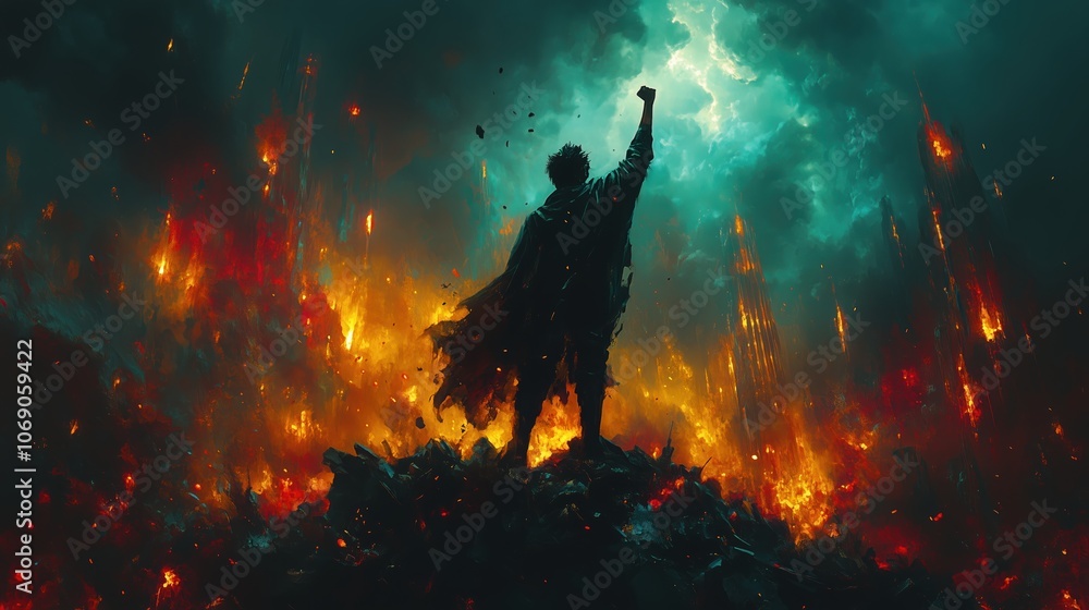 Poster man is standing on a pile of rubble with a fire in the background. he is holding his hand up in the 