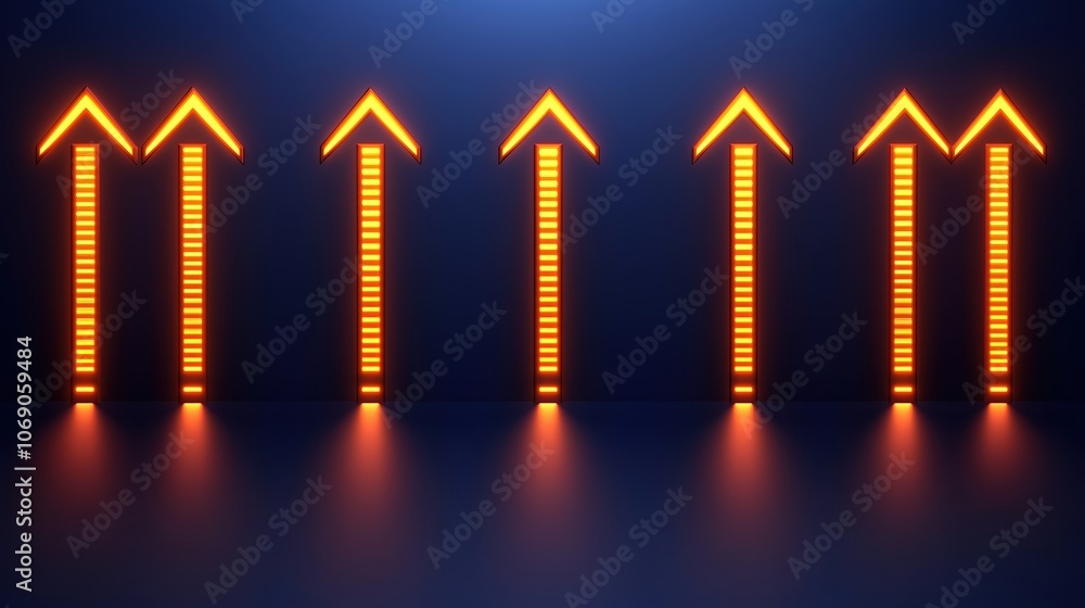 Poster series of glowing arrows pointing upwards. the arrows are lit up in orange and are arranged in a row