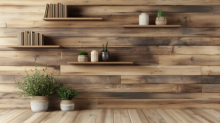 Wooden wall with shelves