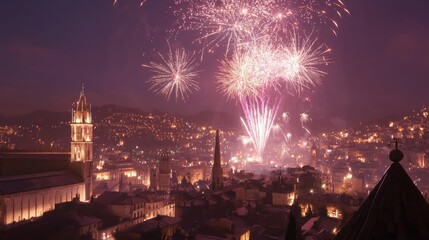 Dazzling New Year Celebration: Cityscape Fireworks Spectacle