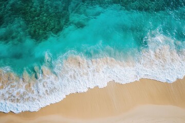 Turquoise water meets sandy beach in breathtaking tropical paradise aerial view