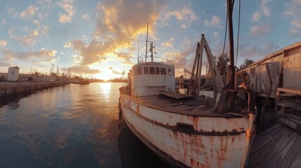 A weathered fishing boat docked by the water during a vibrant sunset.