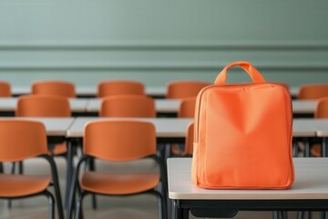 Fototapeta premium An orange backpack sits on a table in a classroom, with empty chairs and a soft green wall in the background, creating a calm and focused learning environment.