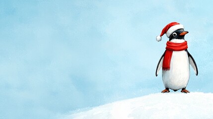 Cute watercolor penguin wearing a red scarf and Santa hat, standing on a snowy hill with a joyful expression. 8K