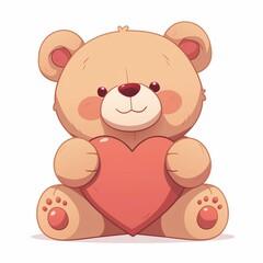 Obraz premium Cute happy brown Teddy Bear toy in love with big red heart, sitting, white background, Valentines day, Mothers day postcard, celebration, illustration, design, cartoon, drawing, flat lay, pastel.