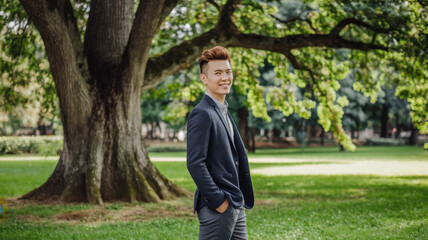 Fototapeta premium A young Asian man stands confidently in a lush green park, the sunlight filtering through the leaves of a large tree, showcasing a vibrant and refreshing outdoor vibe.