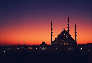 Mosque sunset sky, moon, holy night, islamic night and silhouette mosque, panaromic islamic wallpaper