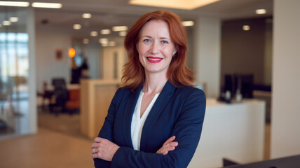 Fototapeta premium A confident Caucasian woman with red hair smiles warmly, dressed in a professional blue blazer, standing in a modern office environment.