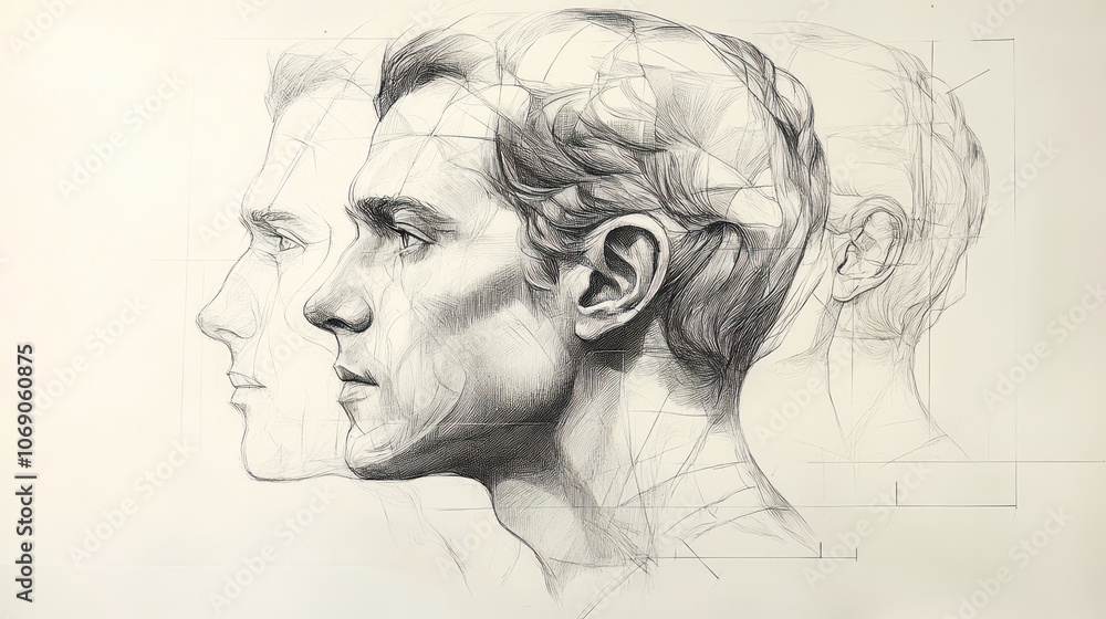 Poster a detailed pencil drawing of a man's face in profile, with two additional faces overlaid on top of t
