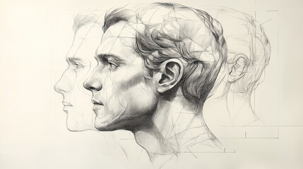 A detailed pencil drawing of a man's face in profile, with two additional faces overlaid on top of the main one, creating a three-dimensional effect.