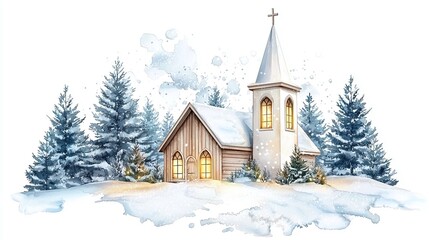 Gentle snowfall over a small wooden church with lit-up windows, surrounded by snow-laden pine trees, all in soft watercolor shades. 8K