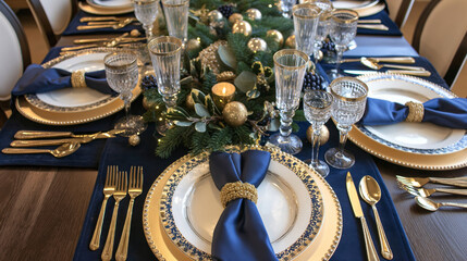 Beautiful and elegant table settings for winter holidays and Christmas in dark blue and gold colors. Tableware and place settings perfect for homemade Christmas dinner. 
