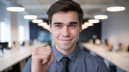 Obraz premium A young Caucasian man in a gray shirt and tie smiles confidently with a clenched fist, embodying determination and success in a modern office setting.