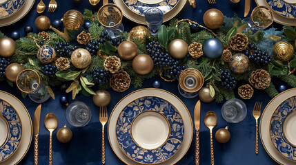 Beautiful and elegant table settings for winter holidays and Christmas in dark blue and gold colors. Tableware and place settings perfect for homemade Christmas dinner. 