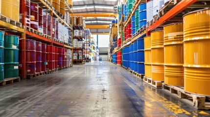 Vibrant Metal Drums in Industrial Warehouse