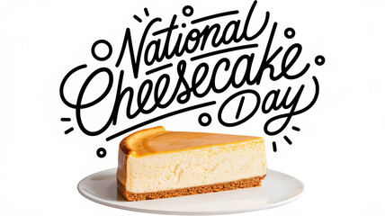 National cheesecake day lettering and piece of cheesecake on plate illustration, party greeting card, calligraphy poster, generative AI