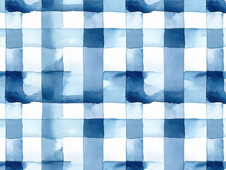 Seamless Hand Drawn Watercolor Gingham in Indigo Blue and White Plaid Stripes
