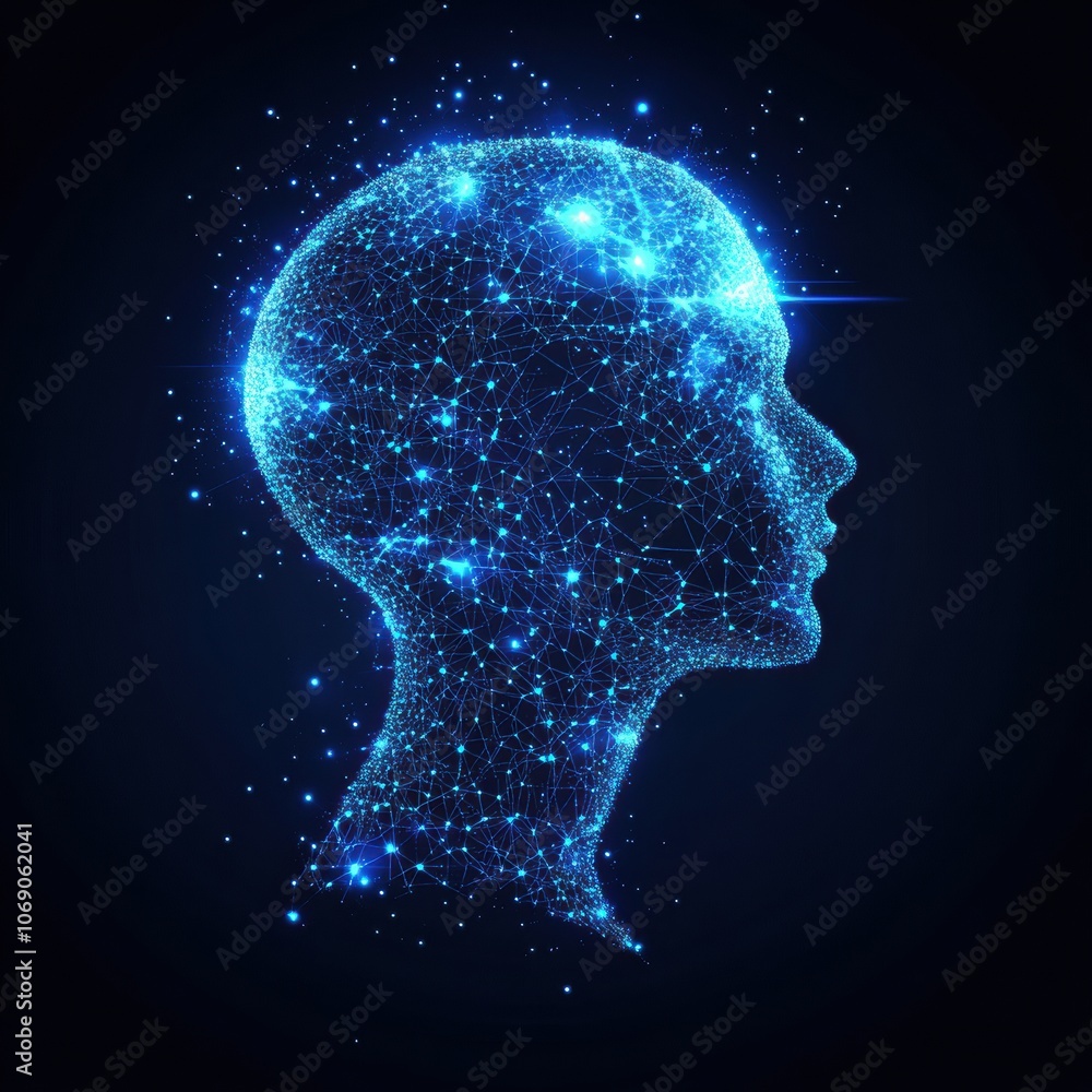 Poster Glowing head profile representing artificial intelligence and neural networks