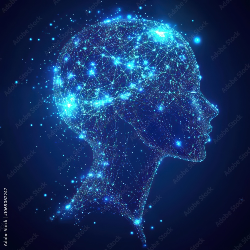 Poster glowing blue human head profile representing artificial intelligence and neural networks