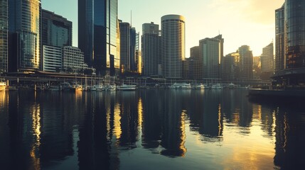 Naklejka premium A serene urban skyline reflecting in calm waters at sunset, showcasing modern architecture and tranquility.