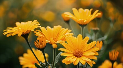 Obraz premium Capture the yellow flowers during golden hour to create a warm, glowing atmosphere, with soft light accentuating the flowers' brightness against the garden backdrop.