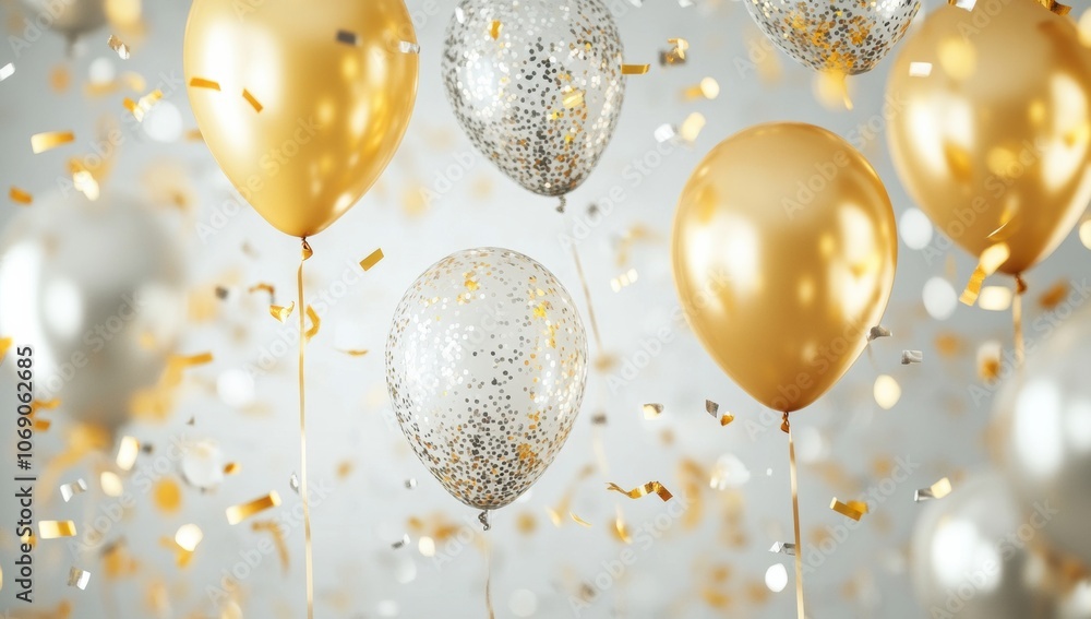 Poster golden and silver balloons floating with falling confetti on a light background