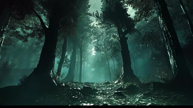 A dark forest path leading to a bright light in the distance, surrounded by tall trees and glowing dust particles