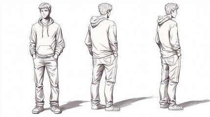 Male character sketch in hoodie and jeans: front, side, and back views
